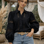 Chemise bohème en coton Noir avec dentelle et manches bouffantes
