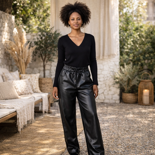 Pantalon large femme en imitation cuir brillant noir, porté sur mannequin avec un top noir, taille élastiquée, coupe fluide, dans un décor extérieur bohème chic et naturel.
