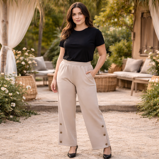 Pantalon large taupe femme porté, coupe fluide, style bohème chic en extérieur