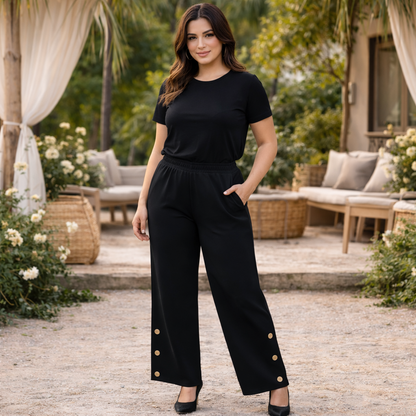 Pantalon large taupe femme porté, coupe fluide, style bohème chic en extérieur