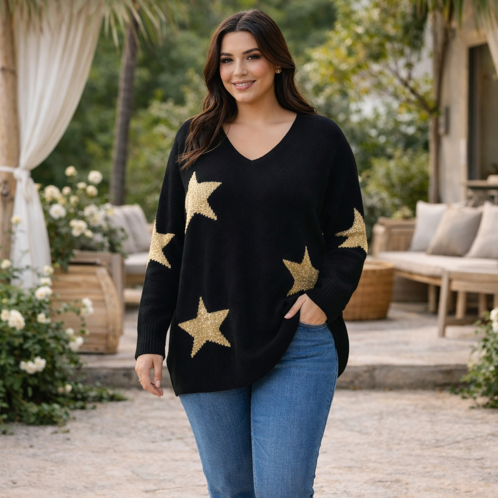 Pull noir femme à col V avec étoiles dorées, porté sur mannequin, coupe fluide et élégante, dans un décor extérieur bohème chic et naturel.